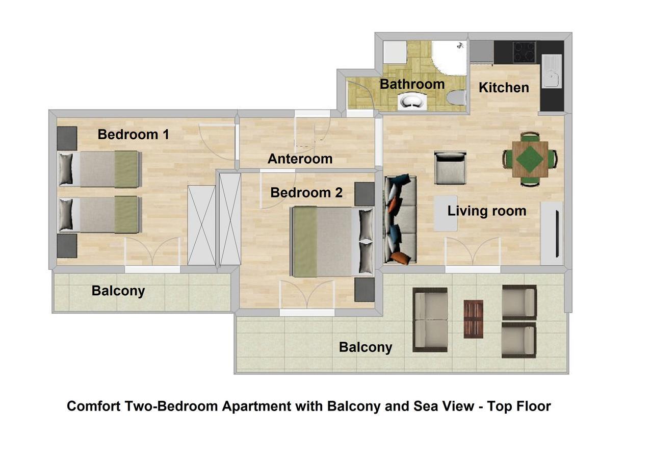 Komfort Apartment mit 2 Schlafzimmern, einem Balkon und Meerblick